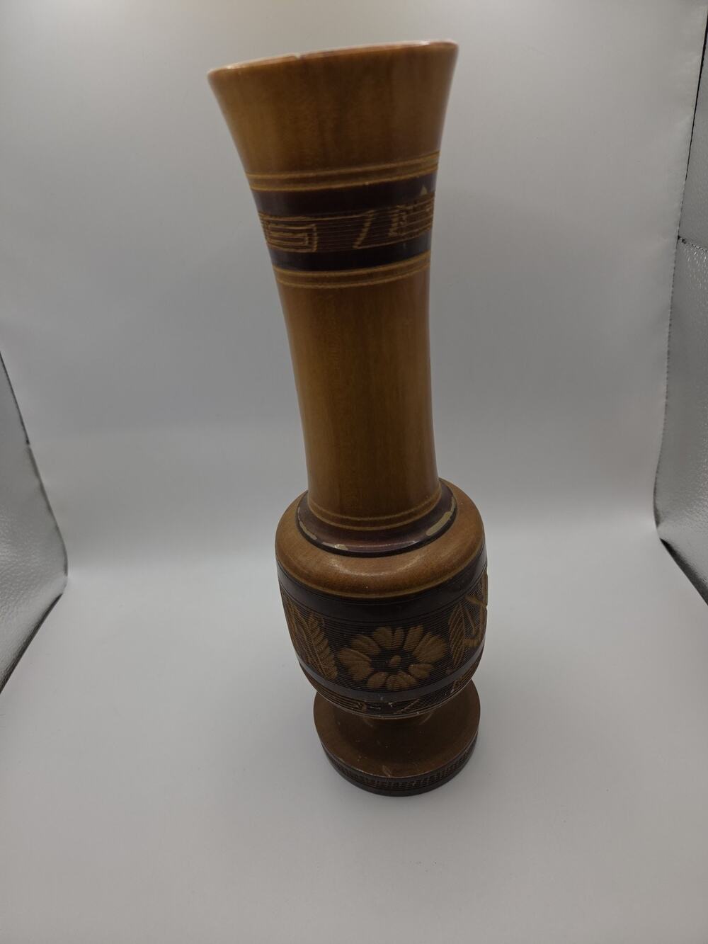 Vintage Hand Carved Wooden Vase 10” Tall Light and Dark Colors of Natural Wood